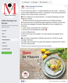  L’Hôtel Auberge des Murets propose à ses clients de continuer à déguster ses menus grâce à des plats à emporter présentés sur sa page Facebook